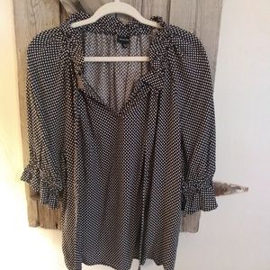 Polka Dot Elbow Sleeve Ruffled V-Neck Blouse